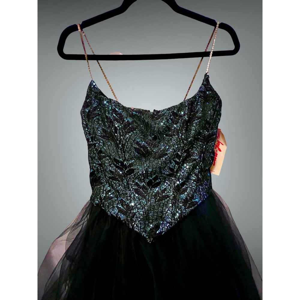 Vintage 90s Bari Jay Sequin Tulle Ball Gown Teal Black Prom Formal Dress Sz 3/4 - Picture 5 of 14